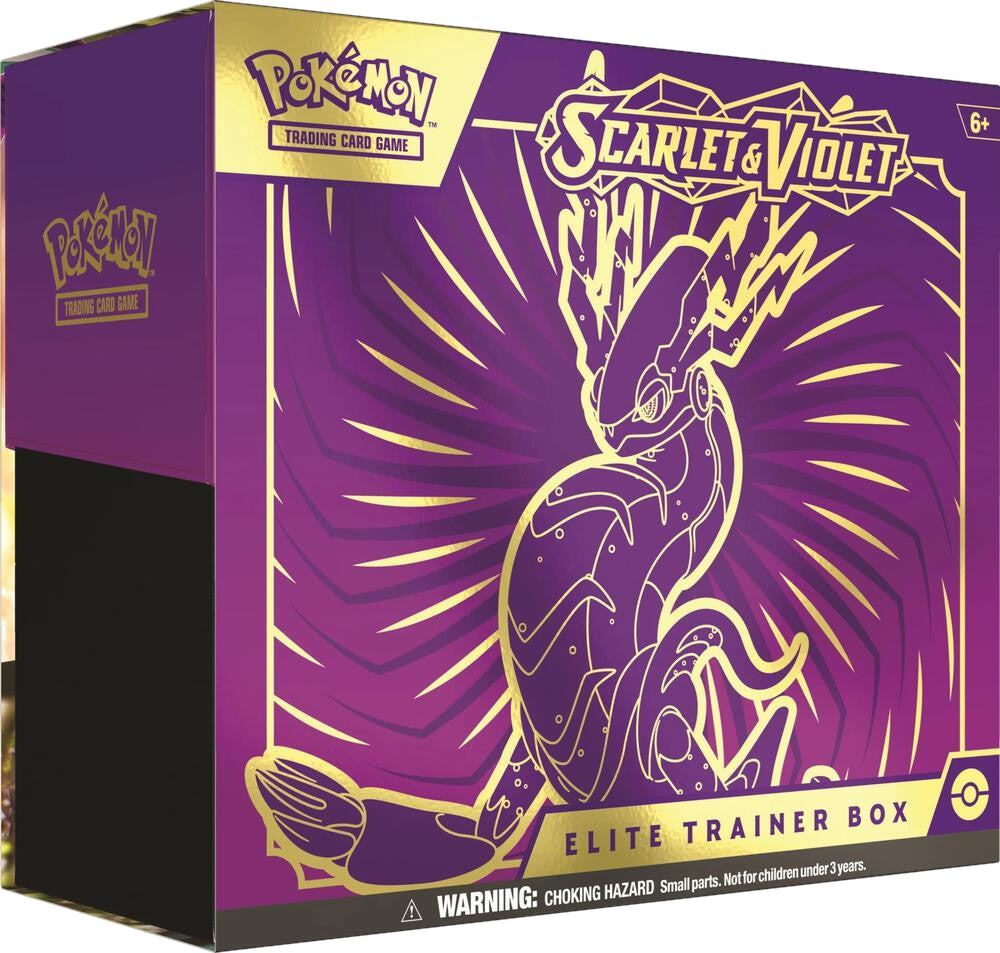 A purple Pokemon Scarlet and Violet Elite Trainer Box featuring Miraidon on the front.