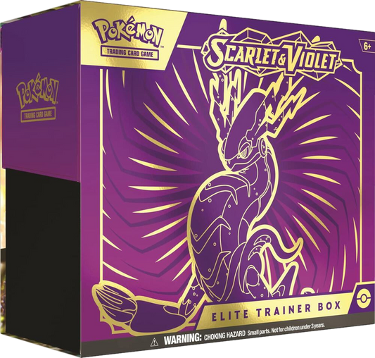 A purple Pokemon Scarlet and Violet Elite Trainer Box featuring Miraidon on the front.