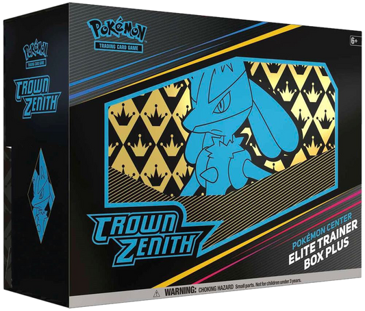 A Pokemon Crown Zenith Elite Trainer Box featuring Lucario artwork on a black and gold background.