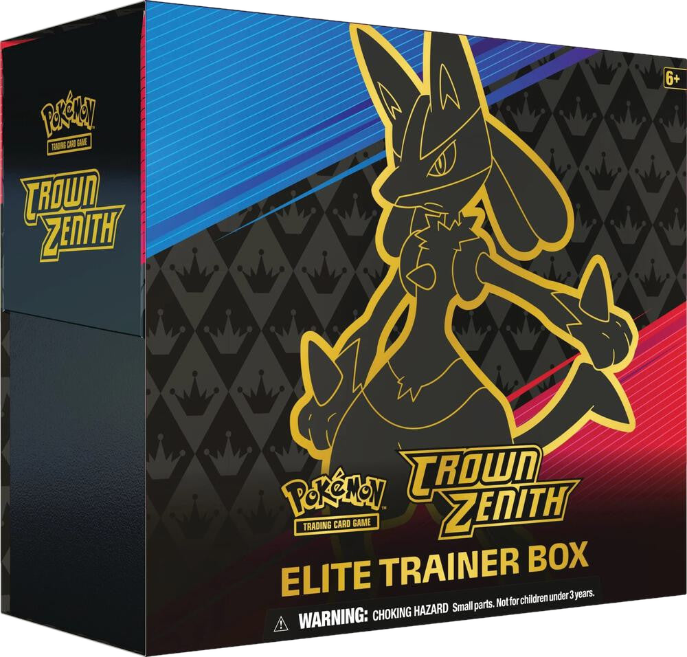 A Pokemon Crown Zenith Elite Trainer Box featuring a Lucario silhouette on the front.