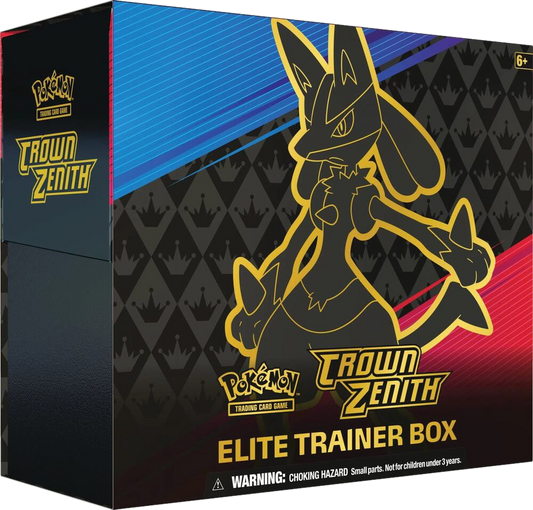A Pokemon Crown Zenith Elite Trainer Box featuring a Lucario silhouette on the front.