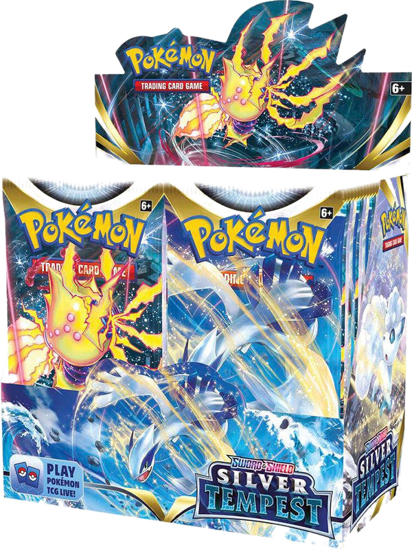 A sealed Pokemon Silver Tempest booster box featuring Lugia and Regieleki artwork.