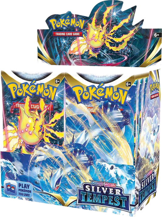 A sealed Pokemon Silver Tempest booster box featuring Lugia and Regieleki artwork.