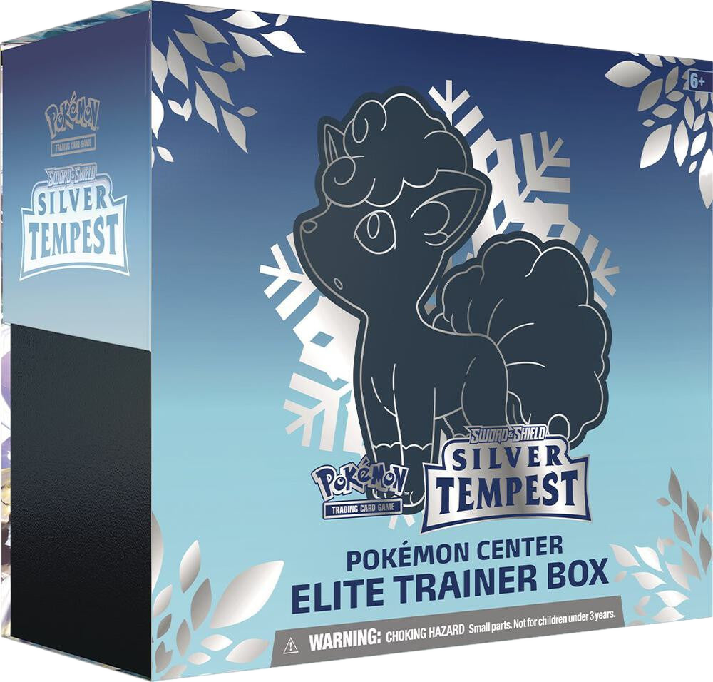 A Pokemon Silver Tempest Elite Trainer Box featuring Alolan Vulpix on the front.