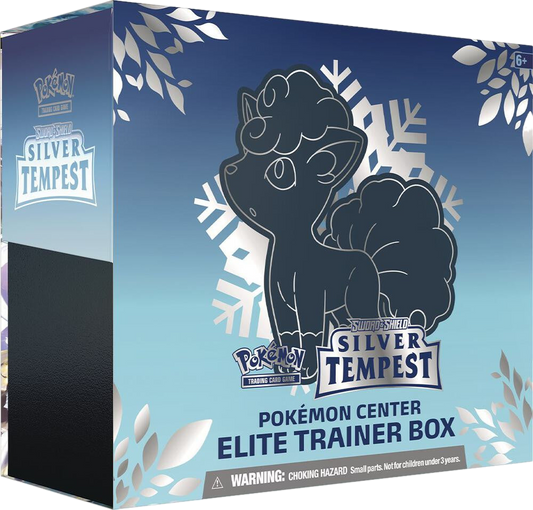 A Pokemon Silver Tempest Elite Trainer Box featuring Alolan Vulpix on the front.