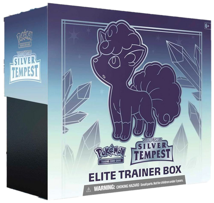 A Pokemon Silver Tempest Elite Trainer Box featuring an illustration of Alolan Vulpix.