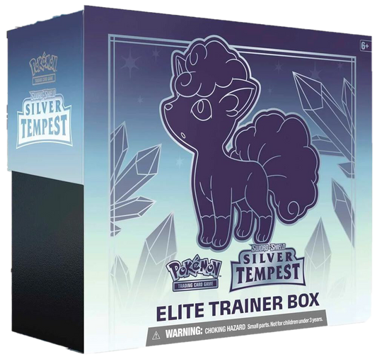 A Pokemon Silver Tempest Elite Trainer Box featuring an illustration of Alolan Vulpix.