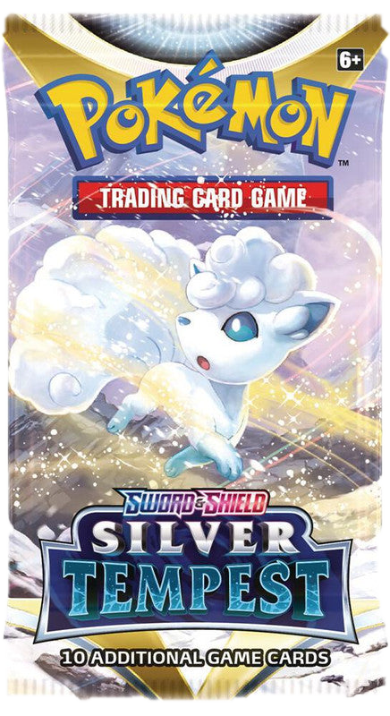 A Pokemon Silver Tempest booster pack featuring Alolan Vulpix on the front.