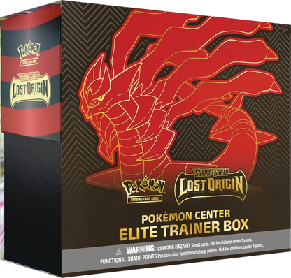 A Pokemon Lost Origin Elite Trainer Box featuring Giratina artwork on a black and red background.