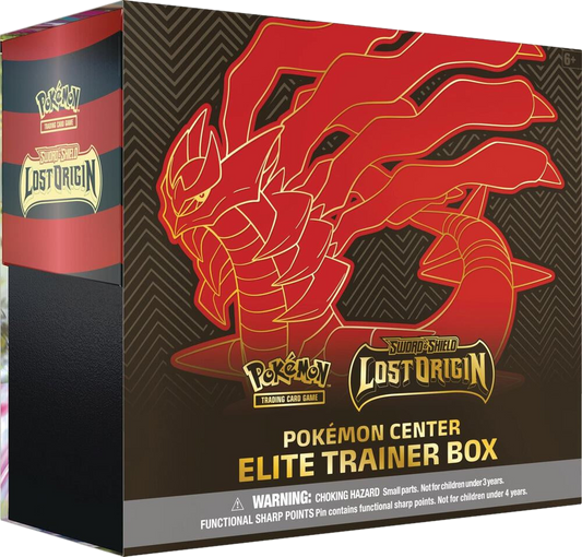 A Pokemon Lost Origin Elite Trainer Box featuring Giratina artwork on a black and red background.