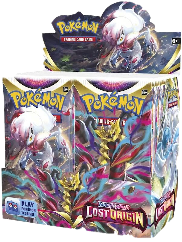 A sealed Pokemon Lost Origin booster box featuring Giratina and Hisuian Zoroark artwork.