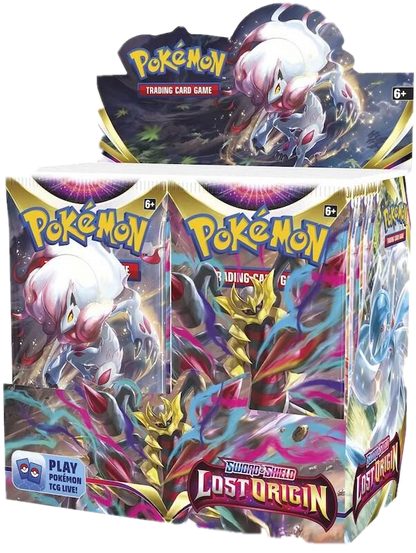 A sealed Pokemon Lost Origin booster box featuring Giratina and Hisuian Zoroark artwork.