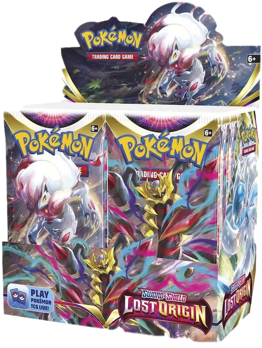A sealed Pokemon Lost Origin booster box featuring Giratina and Hisuian Zoroark artwork.
