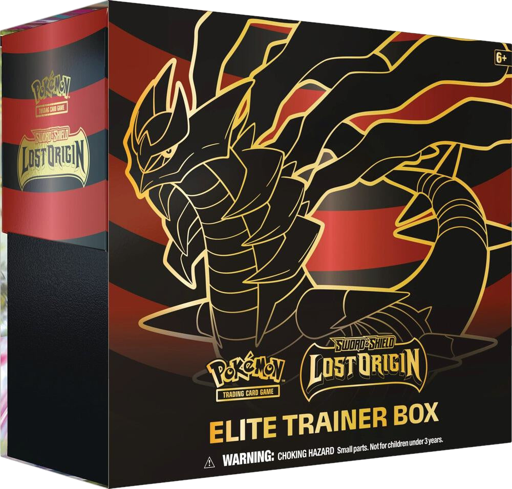 A Pokemon Lost Origin Elite Trainer Box featuring Giratina artwork on a black and red background.