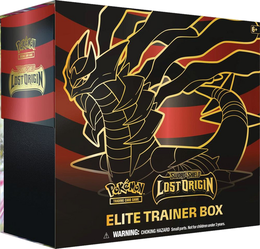 A Pokemon Lost Origin Elite Trainer Box featuring Giratina artwork on a black and red background.