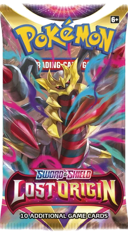 A Pokemon Lost Origin booster pack featuring Giratina artwork on the front.