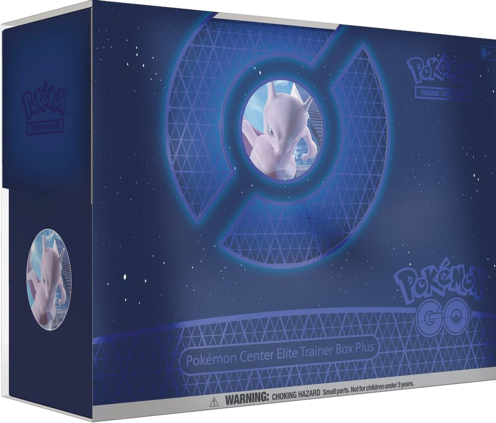 A dark blue Pokemon GO Elite Trainer Box Plus featuring Mew on the front.