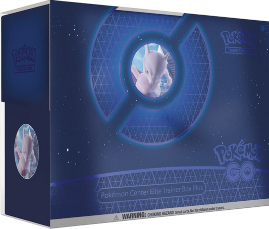 A dark blue Pokemon GO Elite Trainer Box Plus featuring Mew on the front.