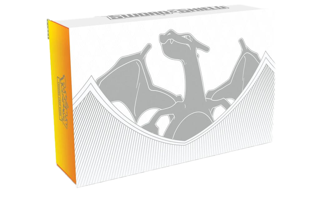 A white Pokemon Charizard Ultra Premium Collection box featuring a silver Charizard silhouette.