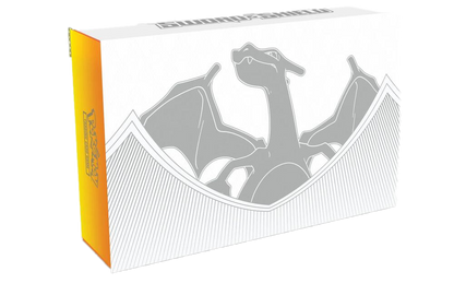 A white Pokemon Charizard Ultra Premium Collection box featuring a silver Charizard silhouette.