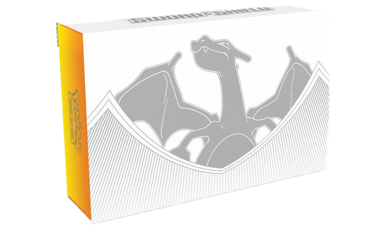 A white Pokemon Charizard Ultra Premium Collection box featuring a silver Charizard silhouette.