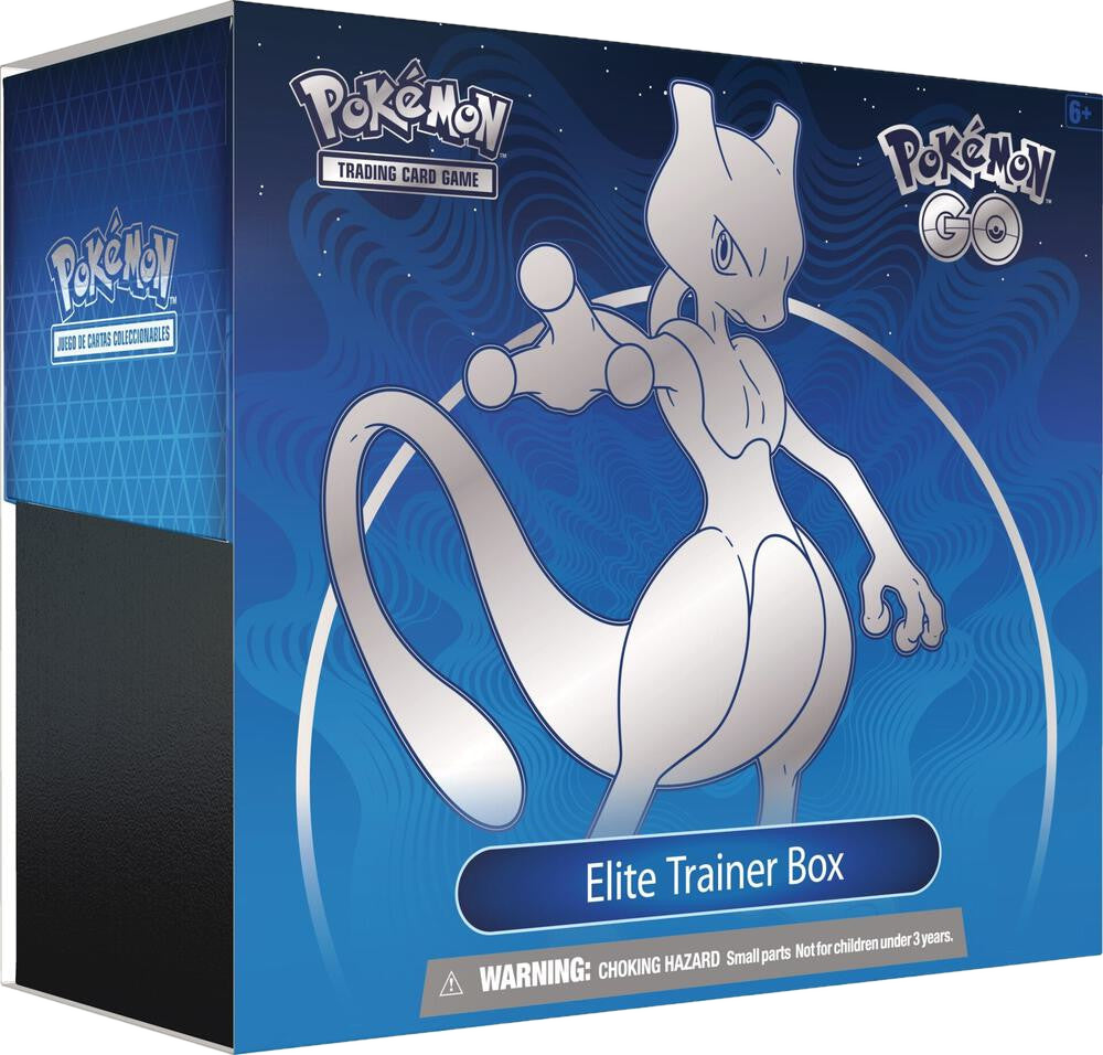 A blue Pokemon Go Elite Trainer Box featuring an illustration of Mewtwo on the front.