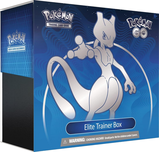 A blue Pokemon Go Elite Trainer Box featuring an illustration of Mewtwo on the front.
