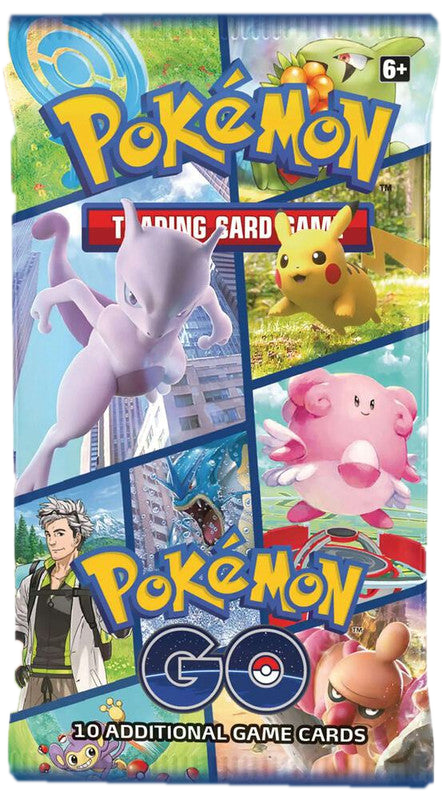 A Pokemon Go trading card game booster pack featuring various Pokemon characters.