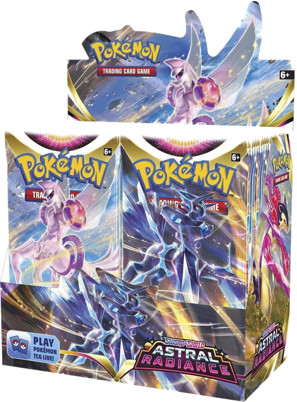 A sealed Pokemon Astral Radiance booster box featuring Origin Forme Palkia and Dialga artwork.