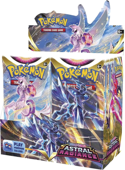 A sealed Pokemon Astral Radiance booster box featuring Origin Forme Palkia and Dialga artwork.