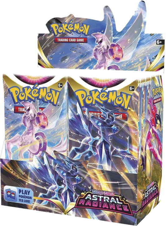 A sealed Pokemon Astral Radiance booster box featuring Origin Forme Palkia and Dialga artwork.