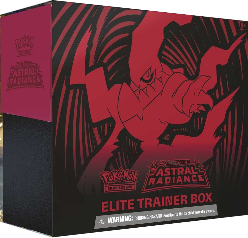 A Pokemon Astral Radiance Elite Trainer Box featuring Darkrai artwork on a black and red box.