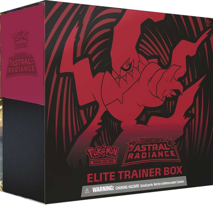 A Pokemon Astral Radiance Elite Trainer Box featuring Darkrai artwork on a black and red box.
