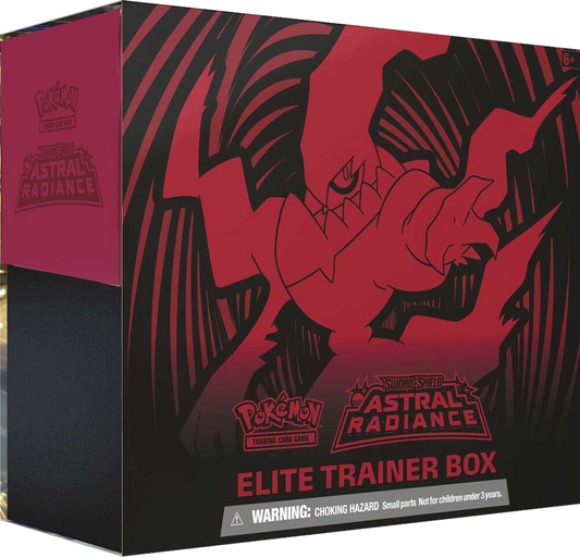 A Pokemon Astral Radiance Elite Trainer Box featuring Darkrai artwork on a black and red box.