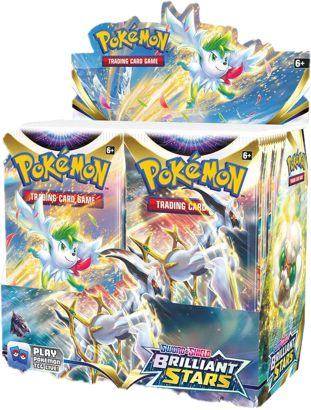 A sealed Pokemon Brilliant Stars booster box featuring Shaymin and Arceus on the packaging.