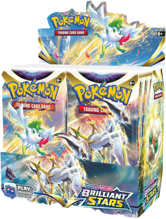 A sealed Pokemon Brilliant Stars booster box featuring Shaymin and Arceus on the packaging.
