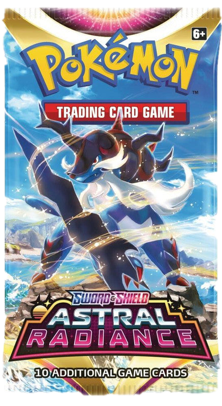 A Pokemon Astral Radiance booster pack featuring Hisuian Samurott artwork.