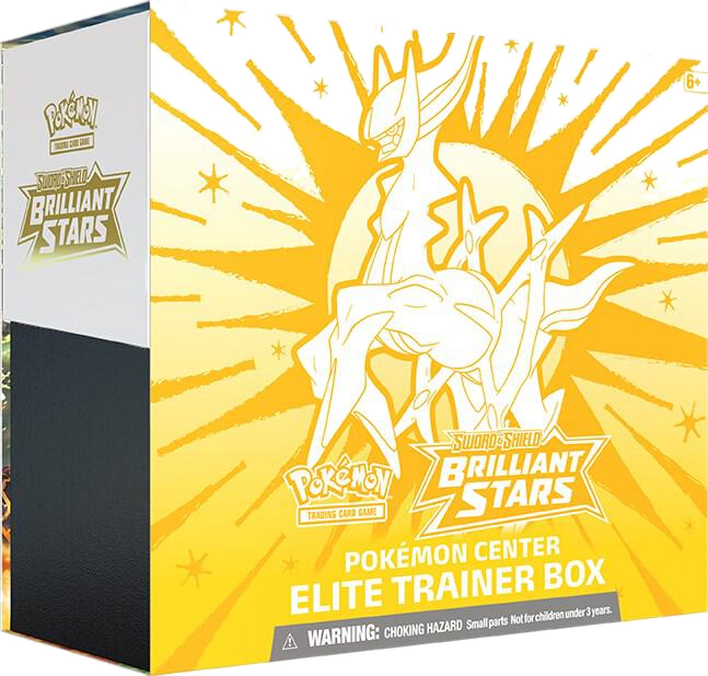 A Pokemon Brilliant Stars Elite Trainer Box featuring Arceus on a yellow background.