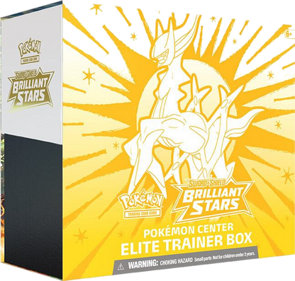 A Pokemon Brilliant Stars Elite Trainer Box featuring Arceus on a yellow background.