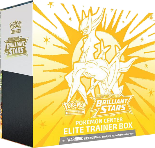 A Pokemon Brilliant Stars Elite Trainer Box featuring Arceus on a yellow background.