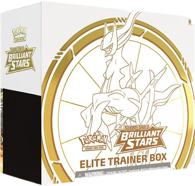 A white Pokemon Brilliant Stars Elite Trainer Box featuring a gold outline of Arceus.