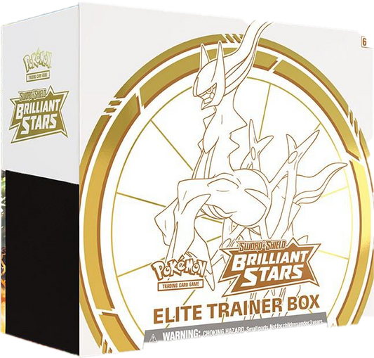 A white Pokemon Brilliant Stars Elite Trainer Box featuring a gold outline of Arceus.