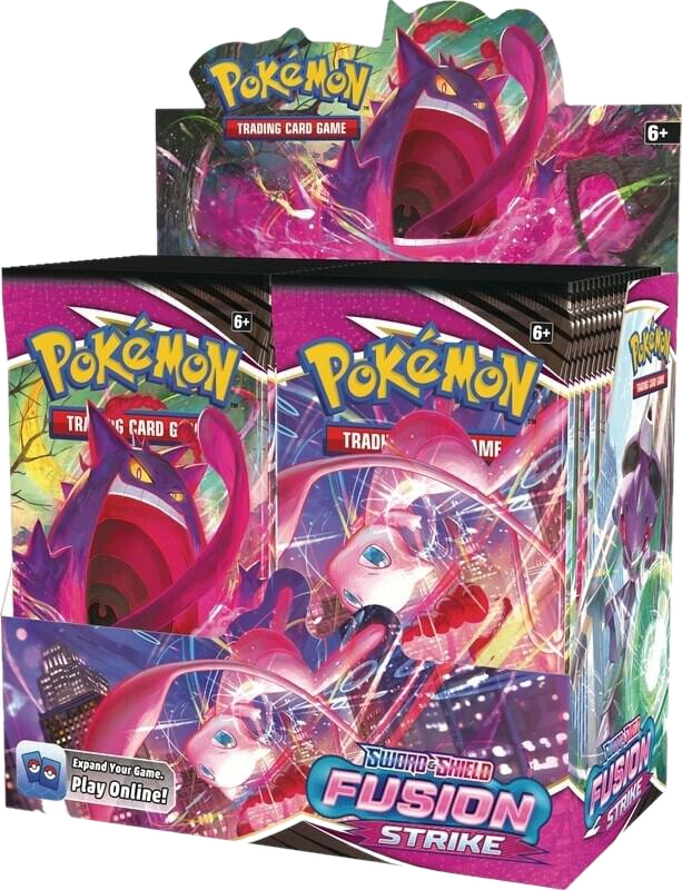 A Pokemon Fusion Strike booster box featuring Gengar and Mew artwork on the packaging.