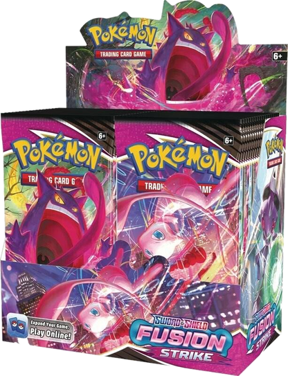 A Pokemon Fusion Strike booster box featuring Gengar and Mew artwork on the packaging.