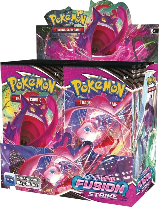 A Pokemon Fusion Strike booster box featuring Gengar and Mew artwork on the packaging.