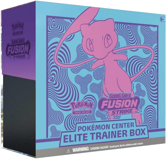 A Pokemon Fusion Strike Elite Trainer Box featuring Mew on a blue and purple patterned background.