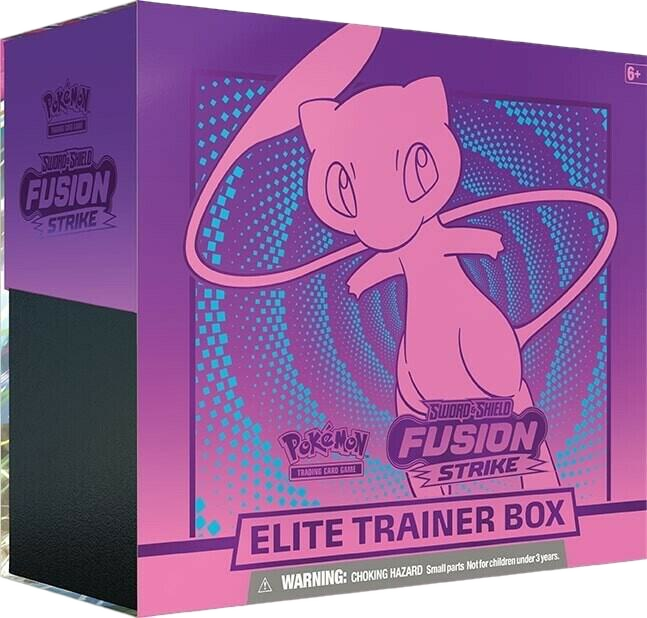 A purple Pokemon Fusion Strike Elite Trainer Box featuring Mew on the front cover.