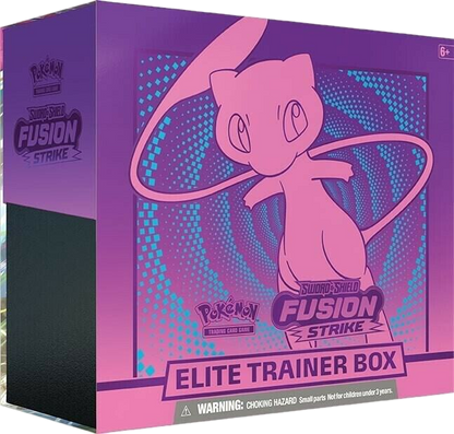 A purple Pokemon Fusion Strike Elite Trainer Box featuring Mew on the front cover.