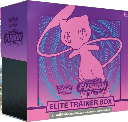 A purple Pokemon Fusion Strike Elite Trainer Box featuring Mew on the front cover.