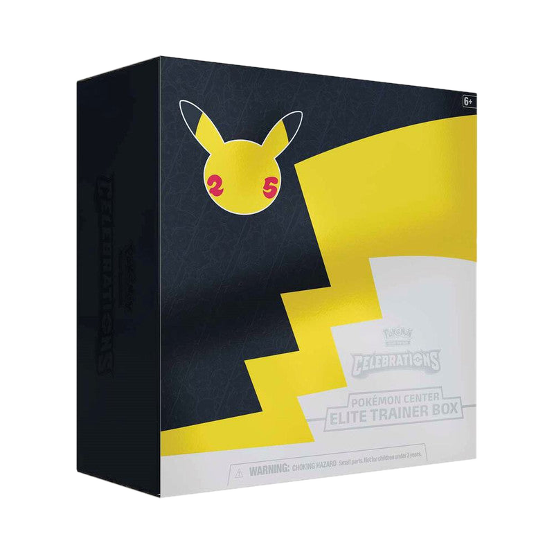A Pokemon Celebrations Elite Trainer Box featuring a black and yellow Pikachu design.